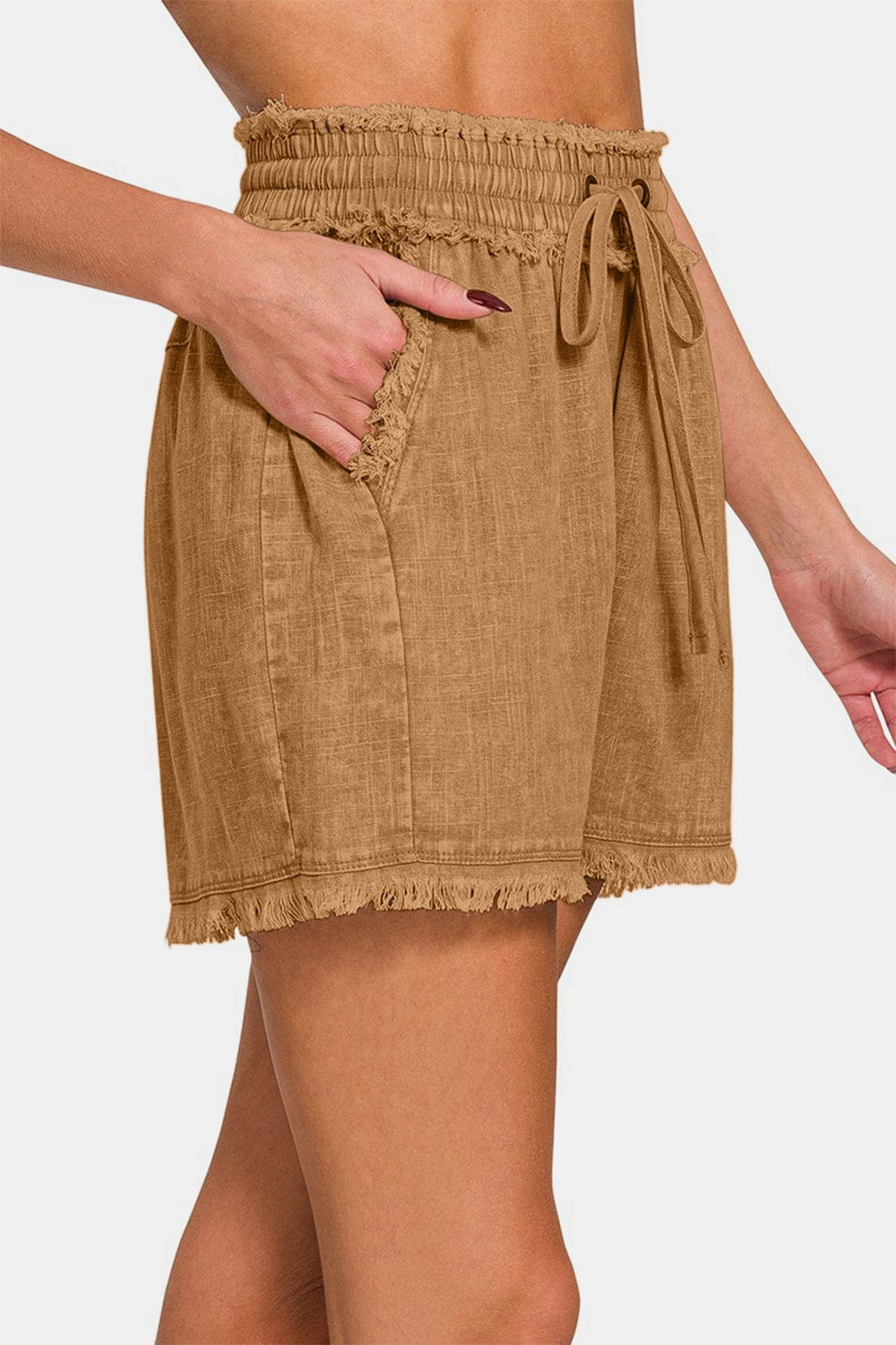 Sienna Zenana Washed Linen Frayed Hem Drawstring Shorts