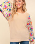 Haptics Floral Sequins Mesh Flounce Sleeve Sweater