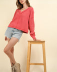 VERY J Exposed Seam V-Neck Ribbed Knit Top