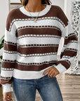 Gray Striped Round Neck Long Sleeve Sweater