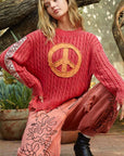 POL Washed Peace Patch Cable Knit Sweater