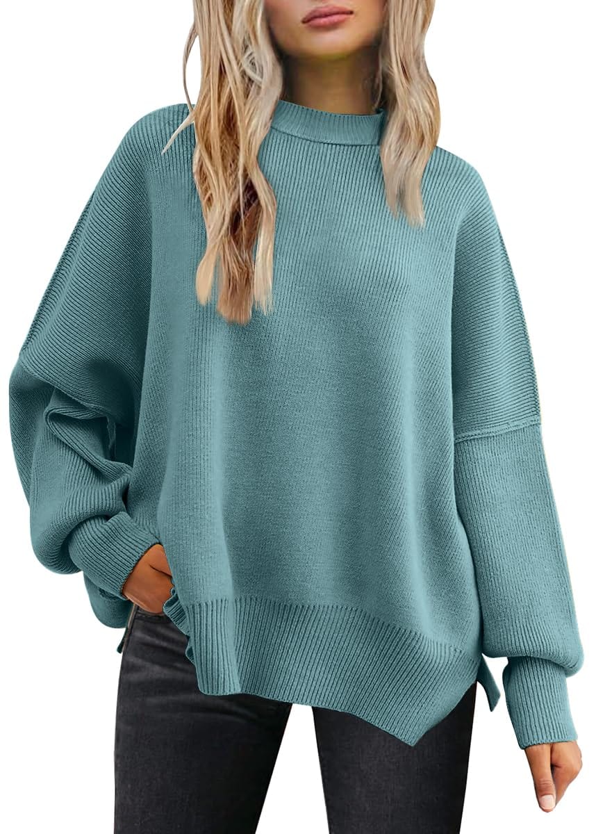 Slate Gray Slit Round Neck Dropped Shoulder Sweater