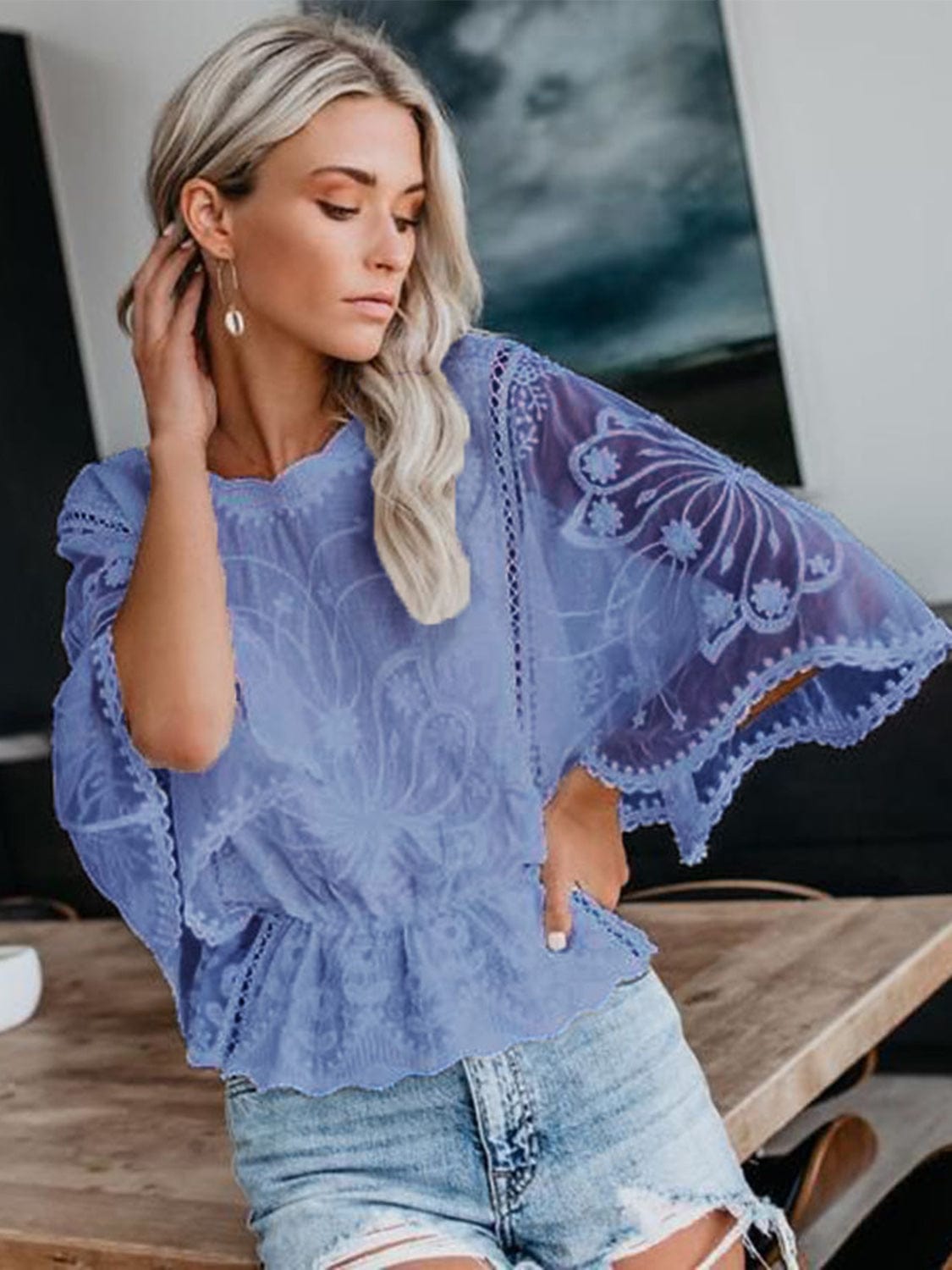 Light Slate Gray Round Neck Three-Quarter Sleeve Blouse