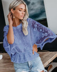 Light Slate Gray Round Neck Three-Quarter Sleeve Blouse