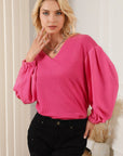 Waffle -Knit V-Neck Long Sleeve Blouse