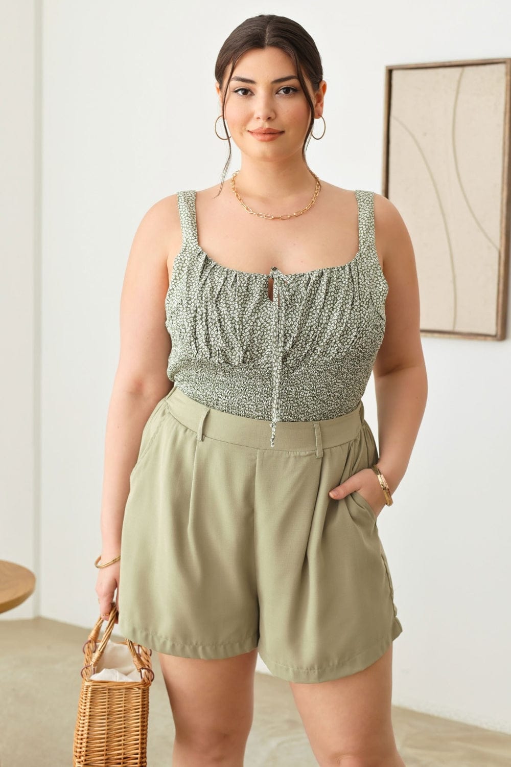 Light Gray Zenobia Plus Size Half Elastic Waist Shorts with Pockets Sentient Beauty Fashions Apparel &amp; Accessories