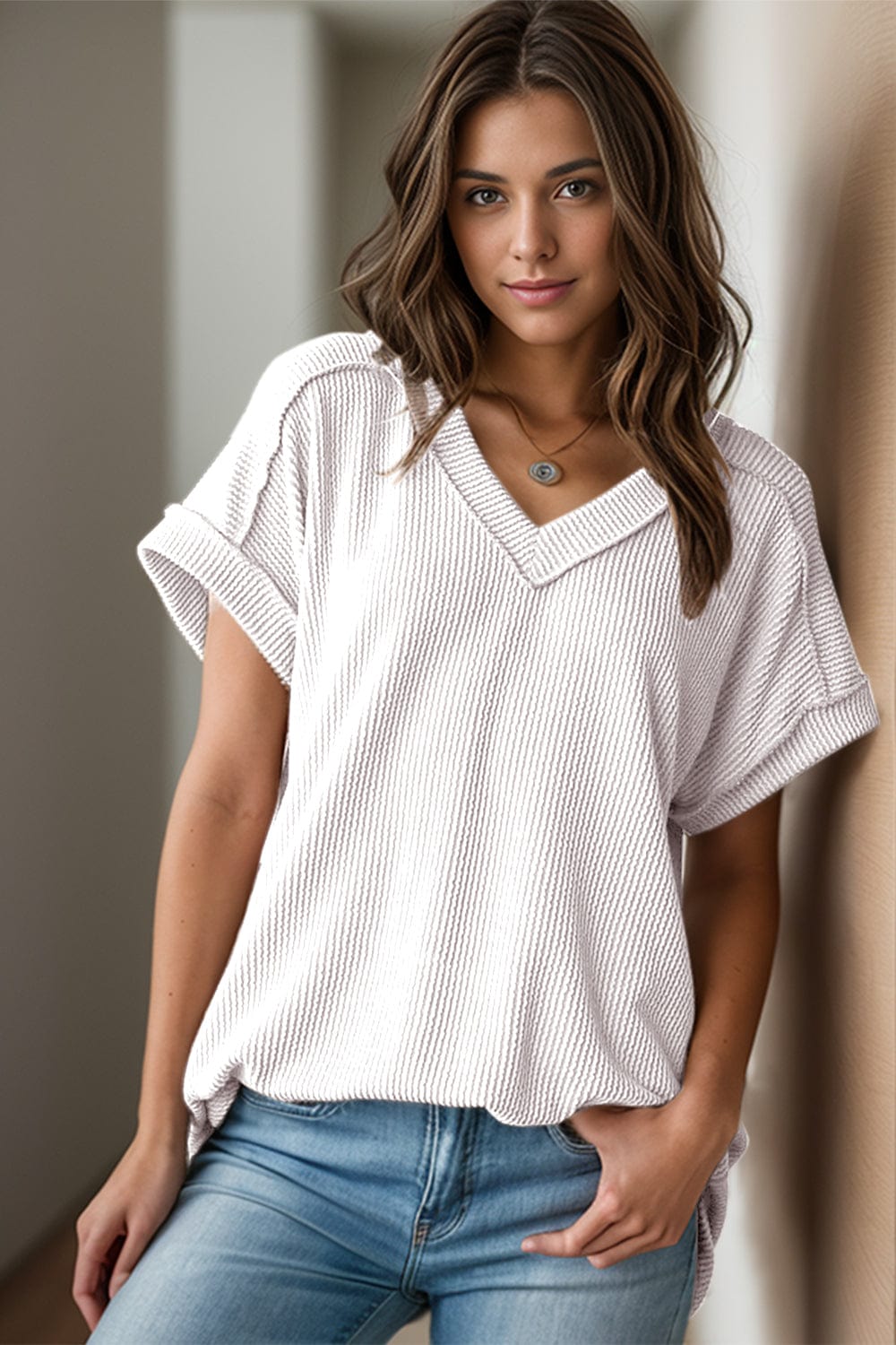 Dim Gray Textured V-Neck Short Sleeve Top