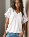 Dim Gray Textured V-Neck Short Sleeve Top