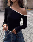 Contrast Trim One Shoulder Long Sleeve T-Shirt