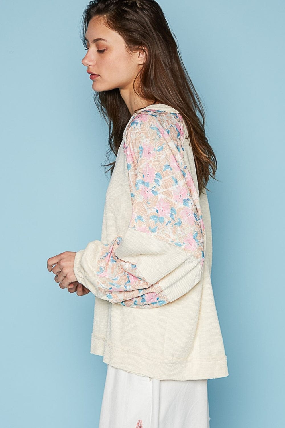 Light Steel Blue POL Round Neck Balloon Floral Long Sleeve Top