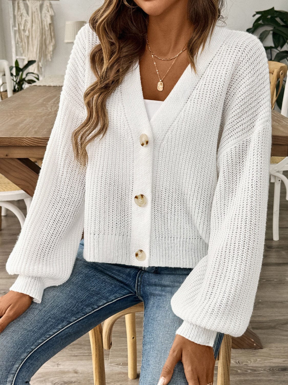 Light Gray V-Neck Button Up Long Sleeve Cardigan