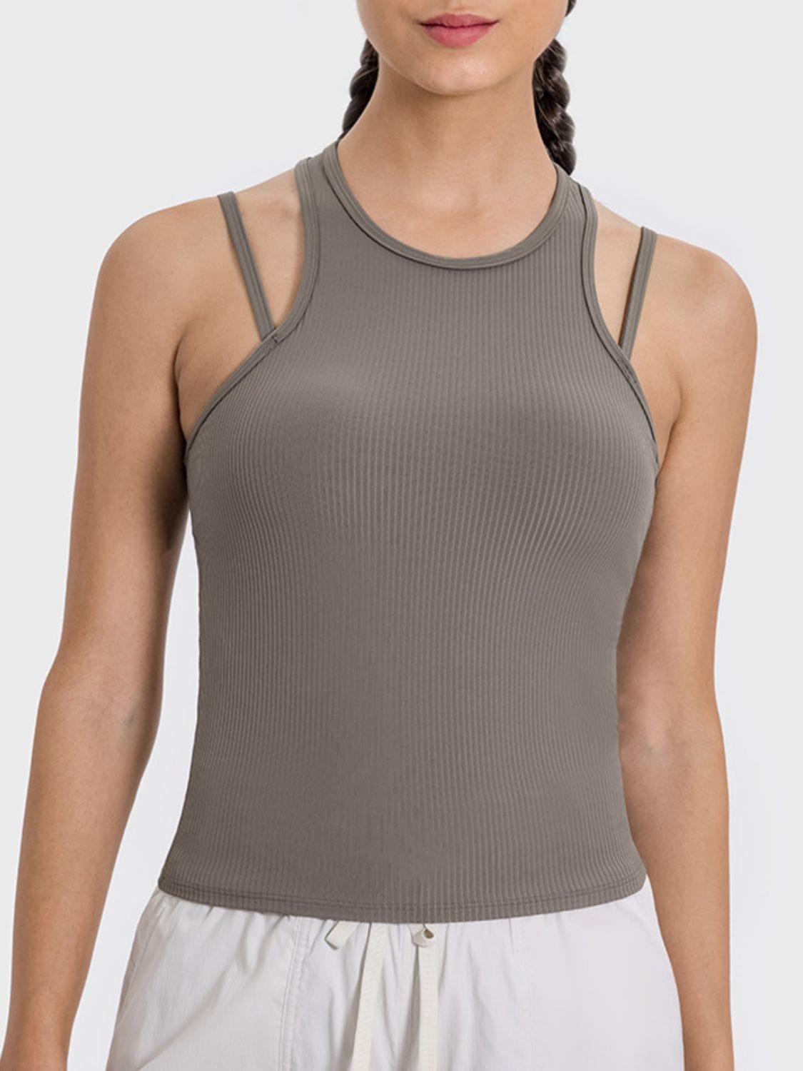 Rosy Brown Cutout Round Neck Racerback Active Tank