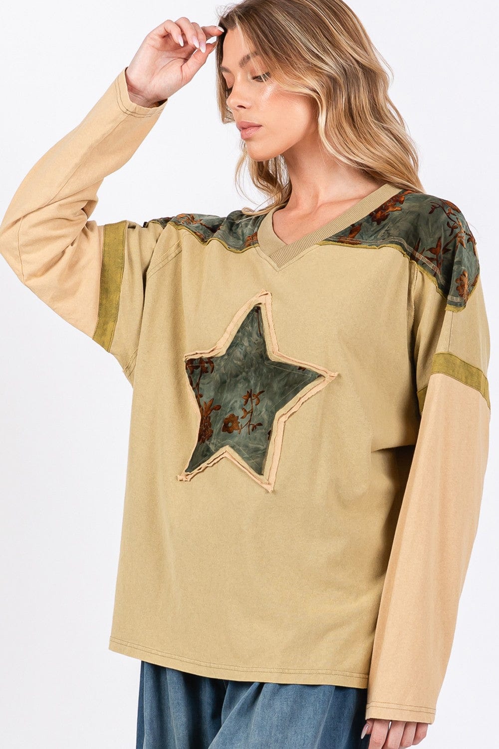 Tan SAGE + FIG Star Patch Long Sleeve Color Block T-Shirt