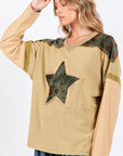 Tan SAGE + FIG Star Patch Long Sleeve Color Block T-Shirt