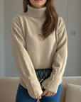 Front Slit Decorative Button Turtleneck Sweater