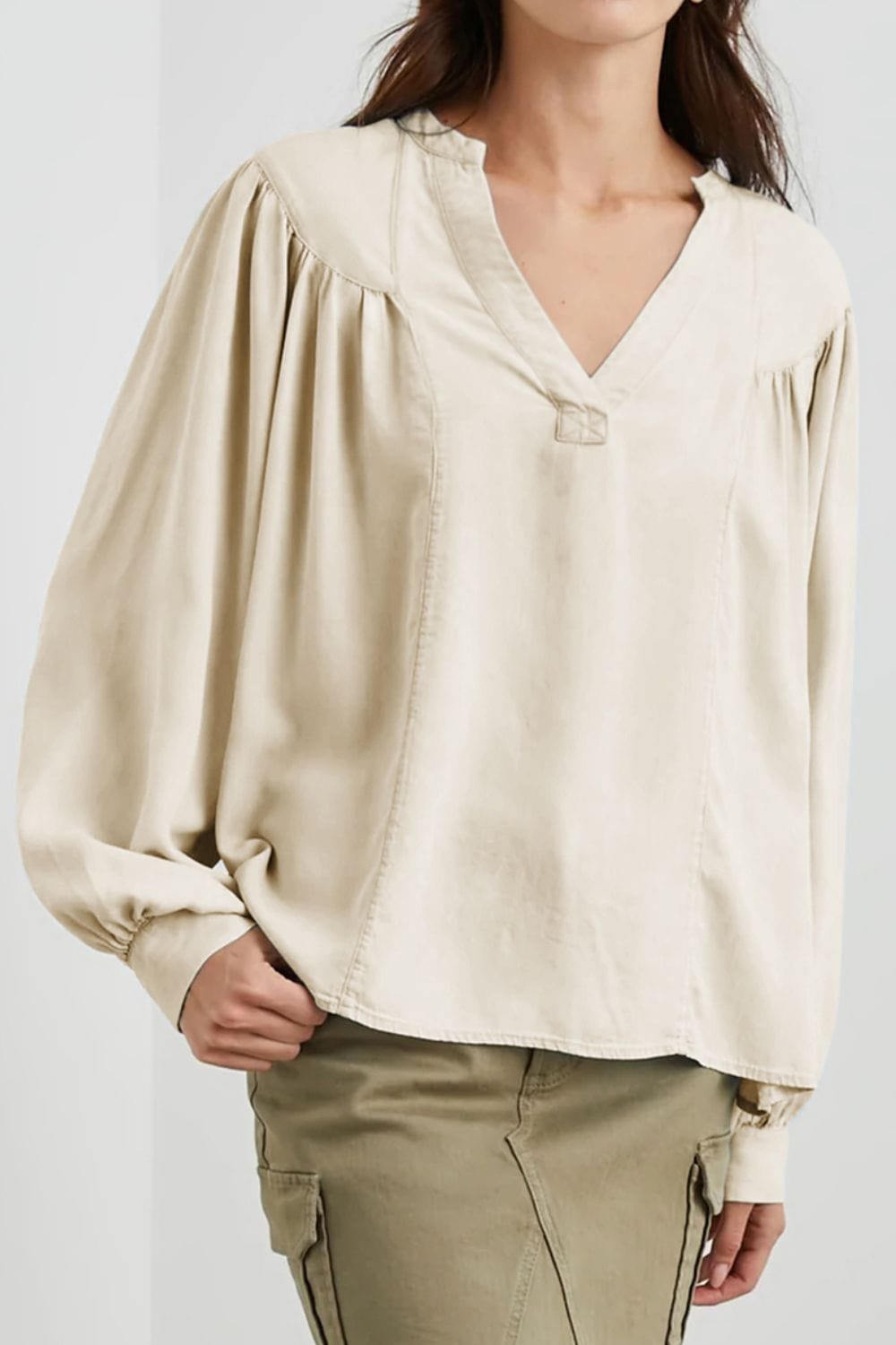 Light Gray Ruched Notched Long Sleeve Blouse