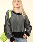 VERY J Exposed Seam Cropped Striped Slit Sweater