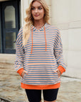 Drawstring Contrast Striped Long Sleeve Hoodie