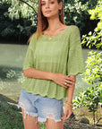 Dark Khaki Openwork Round Neck Half Sleeve Knit Top