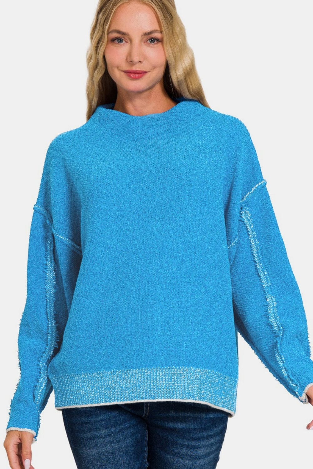 Steel Blue Zenana Exposed Seam Mock Neck Long Sleeve Sweater