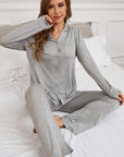 Button Up Long Sleeve Top and Pants Lounge Set