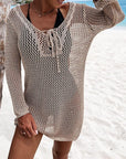 Light Gray Openwork Tie Neck Cover-Up