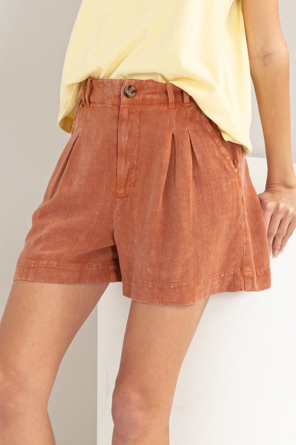 Tan HYFVE High Waist Pleated Linen Shorts