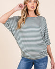 BOMBOM Striped Boat Neck Dolman Sleeve Top