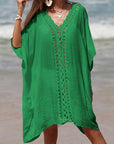 Dim Gray Cutout V-Neck Three-Quarter Sleeve Cover Up Sentient Beauty Fashions Apparel & Accessories