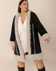 Plus Size Fuzzy Trim Open Front Long Sleeve Hooded Coat