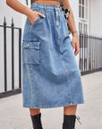 Slit Buttoned Denim Skirt with Pockets