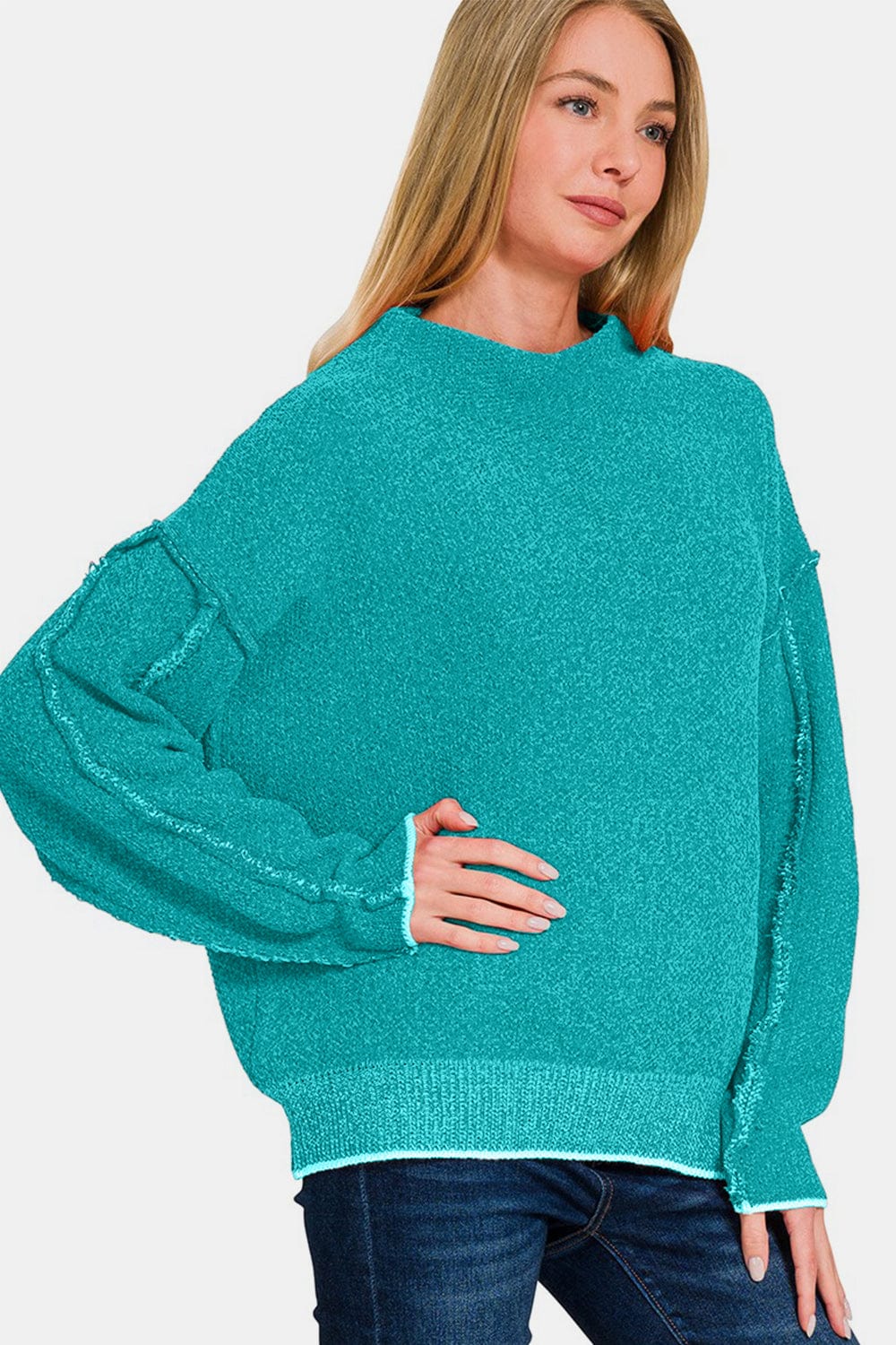 Light Sea Green Zenana Exposed Seam Mock Neck Long Sleeve Sweater