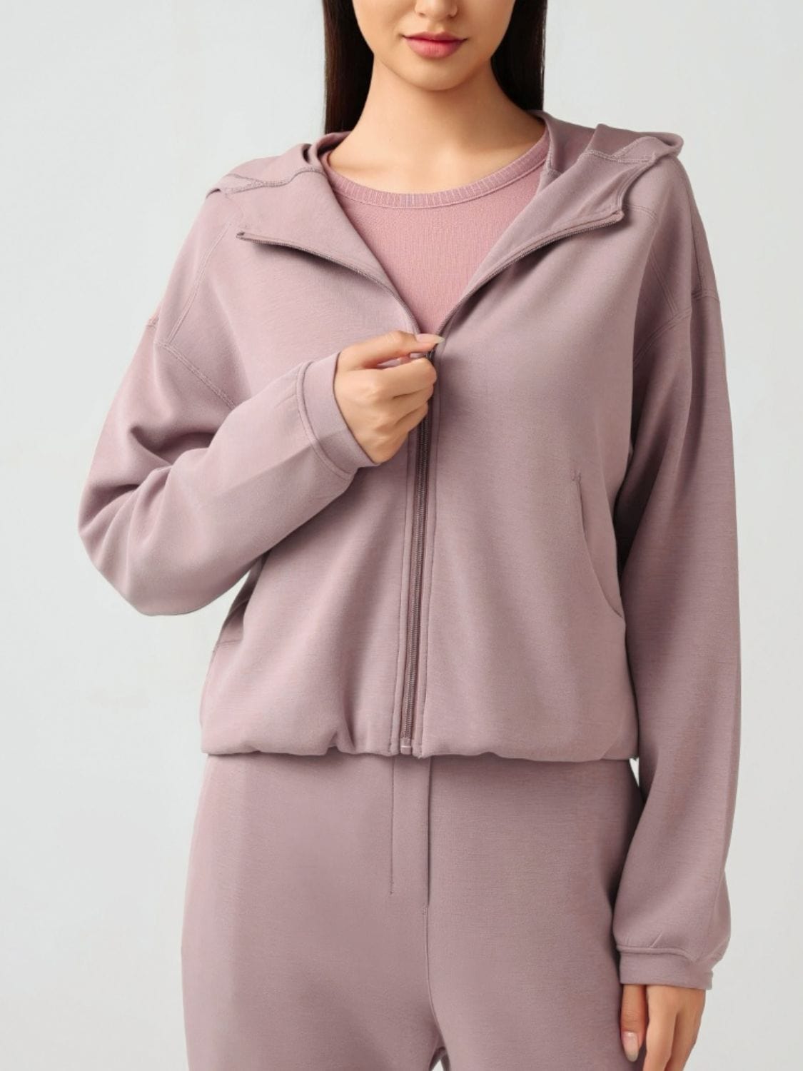 Gray Zip Up Dropped Shouder Active Hooded