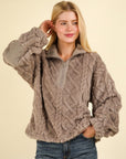 VERY J Fuzzy Fleece Half Zip Cable Pattern Sweatshirt