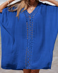 Dark Slate Blue Cutout V-Neck Three-Quarter Sleeve Cover Up Sentient Beauty Fashions Apparel & Accessories
