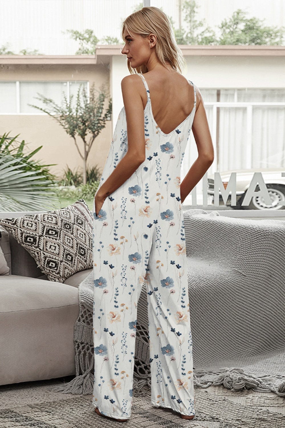 Gray Printed Spaghetti Strap Jumpsuit