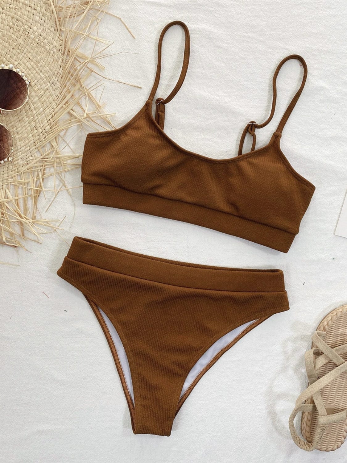 Saddle Brown Scoop Neck Spaghetti Strap Two-Piece Swim Set Sentient Beauty Fashions Apparel &amp; Accessories