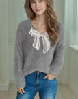 Bow Pearl Detail V-Neck Long Sleeve Sweater