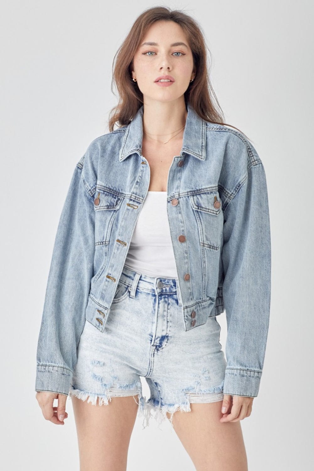 Light Gray RISEN Full Size Button Down Cropped Denim Jacket