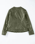 PU Leather Round Neck Long Sleeve Jacket