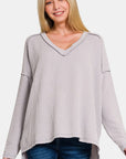 Zenana Texture Exposed Seam V-Neck Long Sleeve T-Shirt