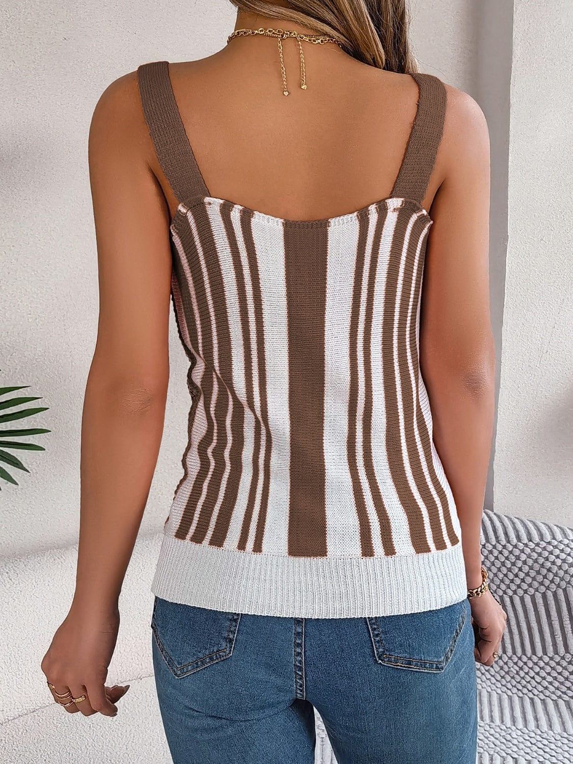 Gray Openwork Striped V-Neck Tank