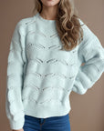 Openwork Round Neck Dropped Shoulder Sweater