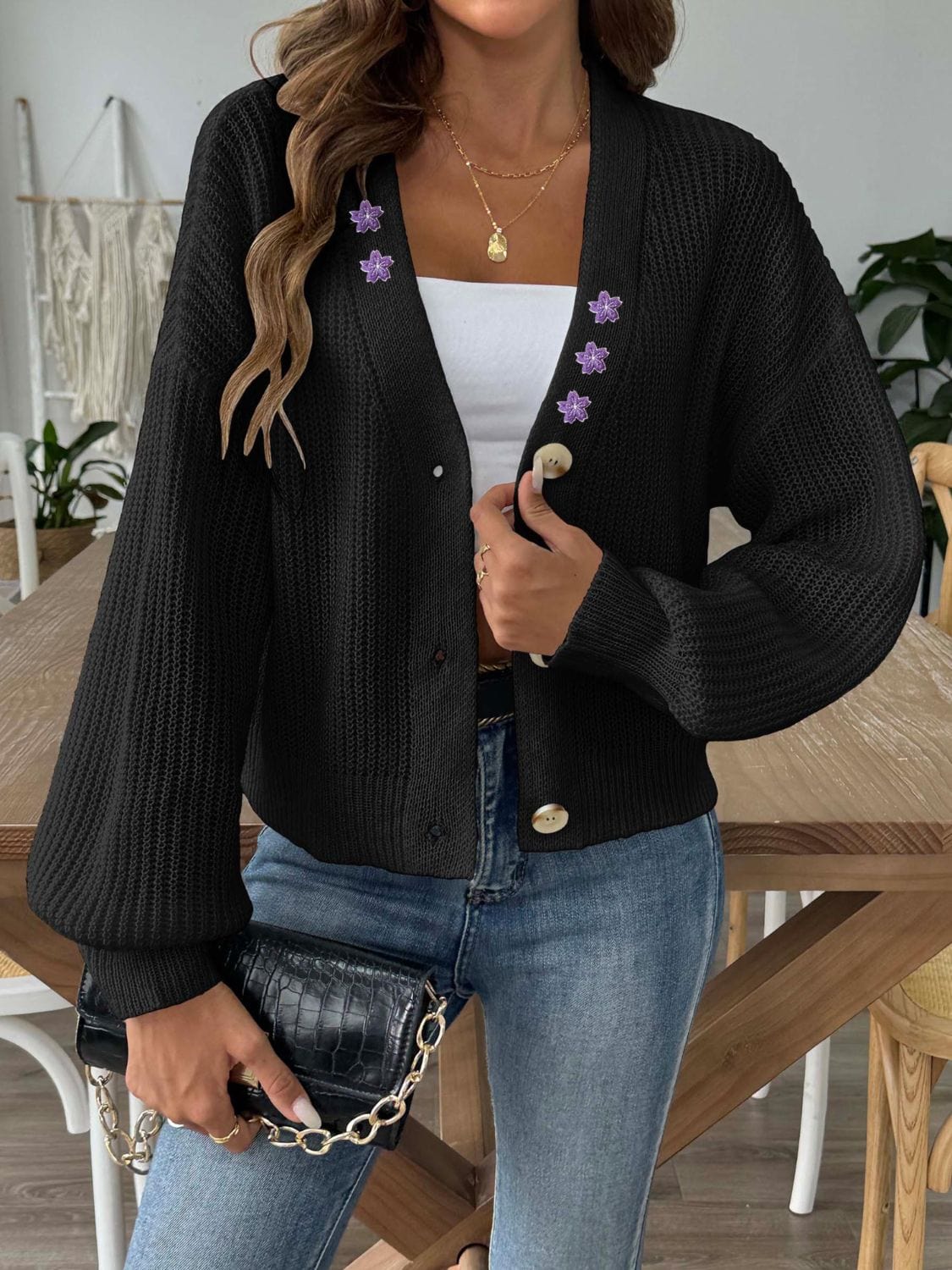 Dark Slate Gray V-Neck Button Up Long Sleeve Cardigan