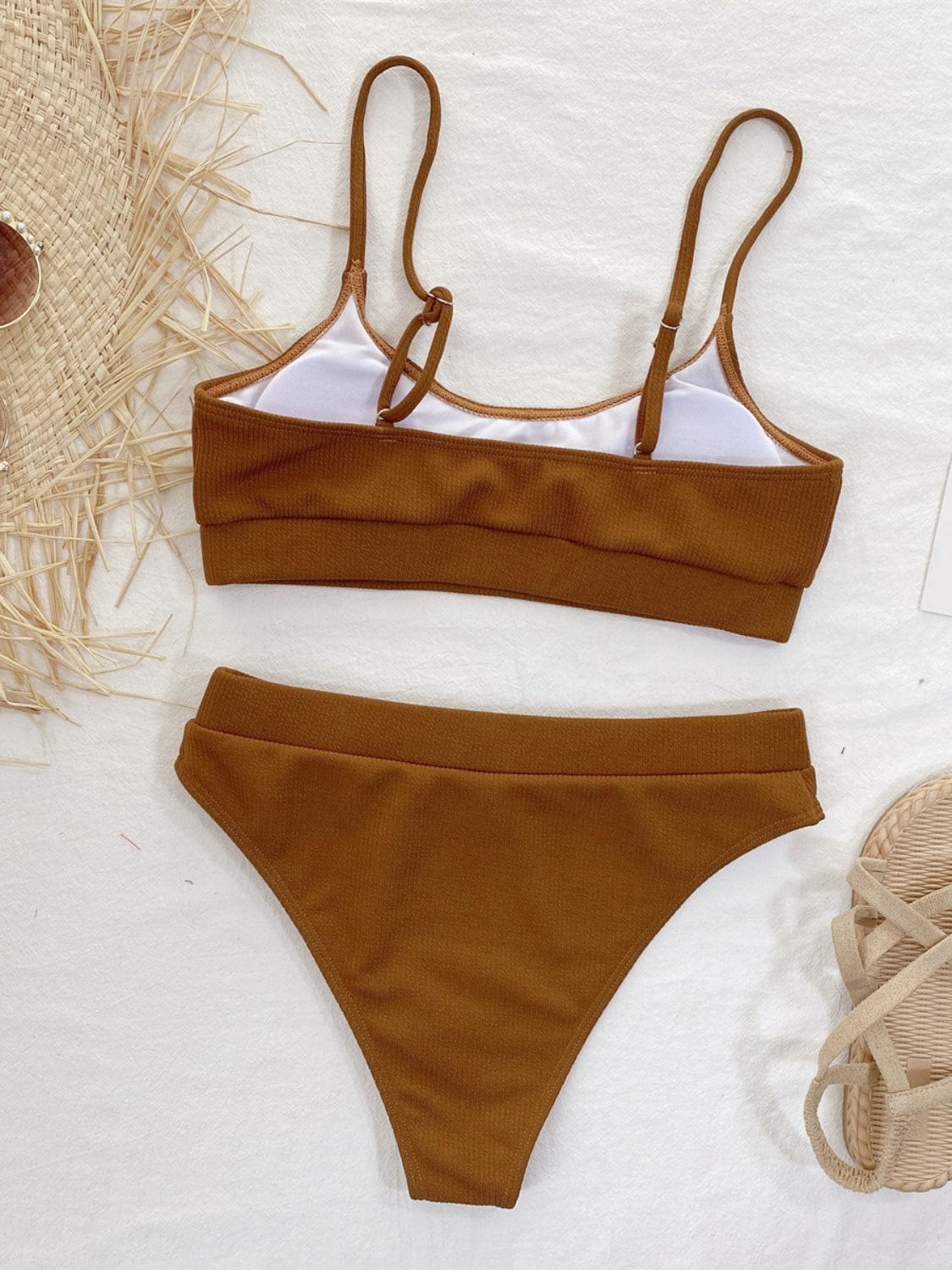 Saddle Brown Scoop Neck Spaghetti Strap Two-Piece Swim Set Sentient Beauty Fashions Apparel &amp; Accessories