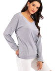 Perfee V-Neck Drop Shoulder Open Back Sweatshirt