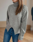 Front Slit Decorative Button Turtleneck Sweater