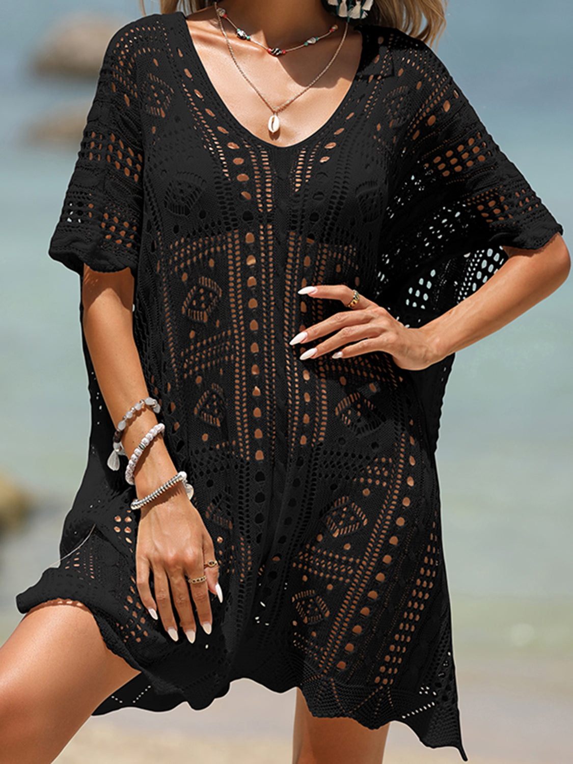 Black Openwork Half Sleeve Cover-Up Sentient Beauty Fashions Apparel &amp; Accessories