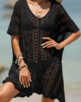 Black Openwork Half Sleeve Cover-Up Sentient Beauty Fashions Apparel & Accessories