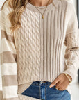 Cable-Knit Color Block Round Neck Sweater